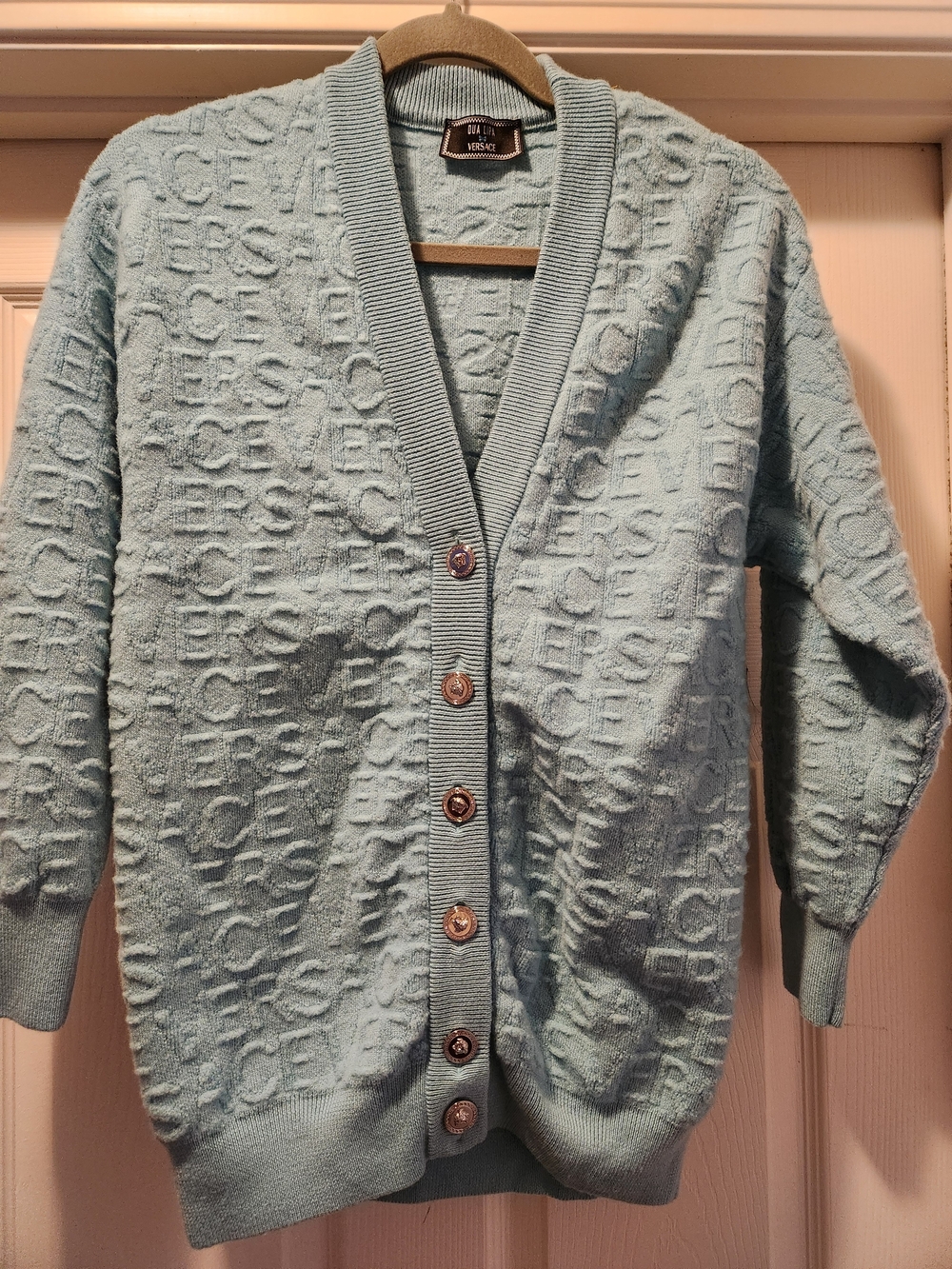 Versace Powder Blue Textured Logo Cardigan